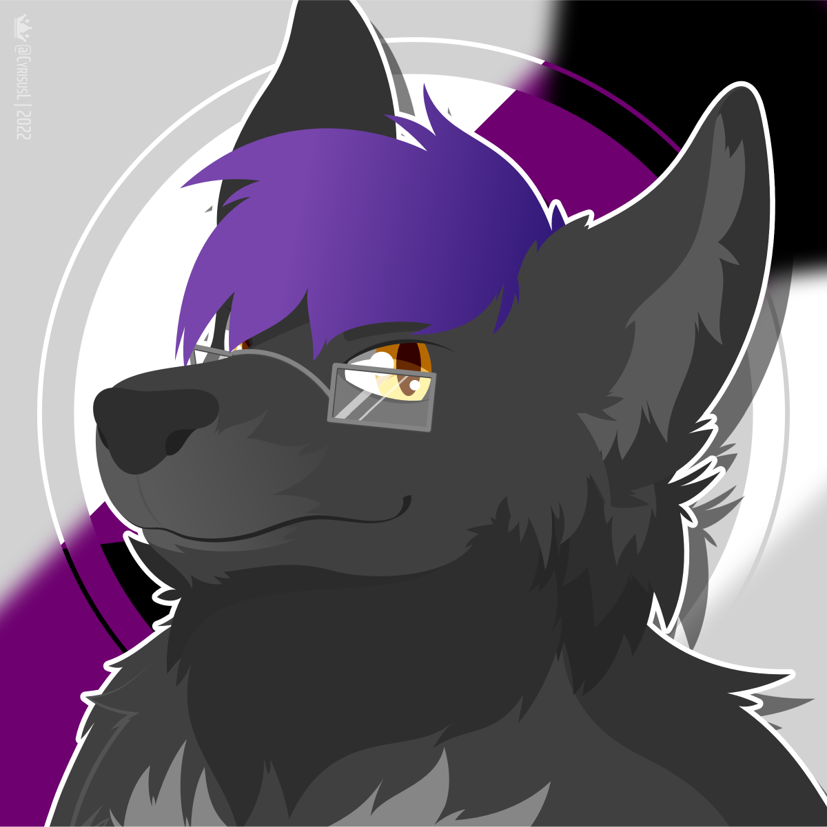 A three-quarters view of a dark-furred wolf with purple hair looking to the viewer's left.  The wolf has golden eyes, rectangular glasses, and a lot of neck fluff.  The background of the image is the demisexual pride flag, rotated 135º clockwise (so that the black triangle is between the wolf's ears)