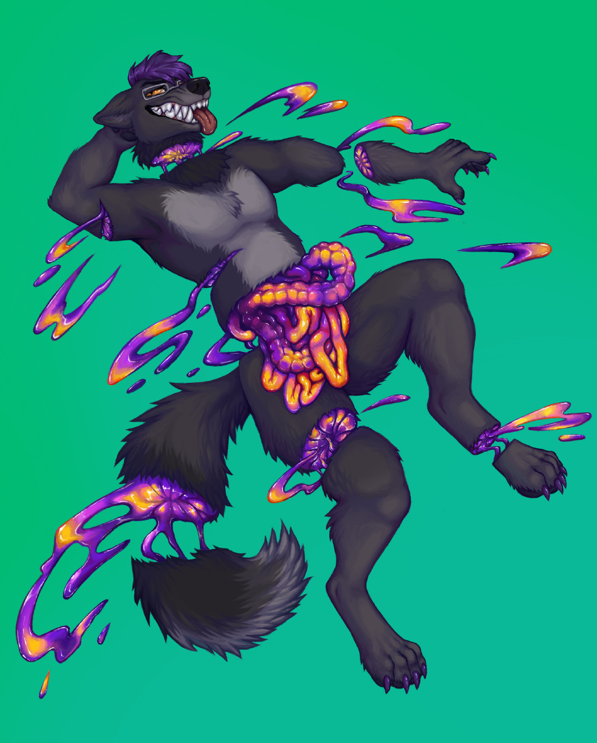 A view of s0ph0s laying on a green background, baring his teeth and sticking his tongue out teasingly. Sprays of purple and gold goop are coming out of cuts in his body. His head is cut from his body, revealing guts that look like grapefruit flesh. His left arm, right thigh, tail, and left footpaw are also similarly separated. Slices in his right arm and the right side of his torso reveal similar goop and grapefruit flesh. His torso is also separated, and purple and gold intestines are spilling out over his crotch.