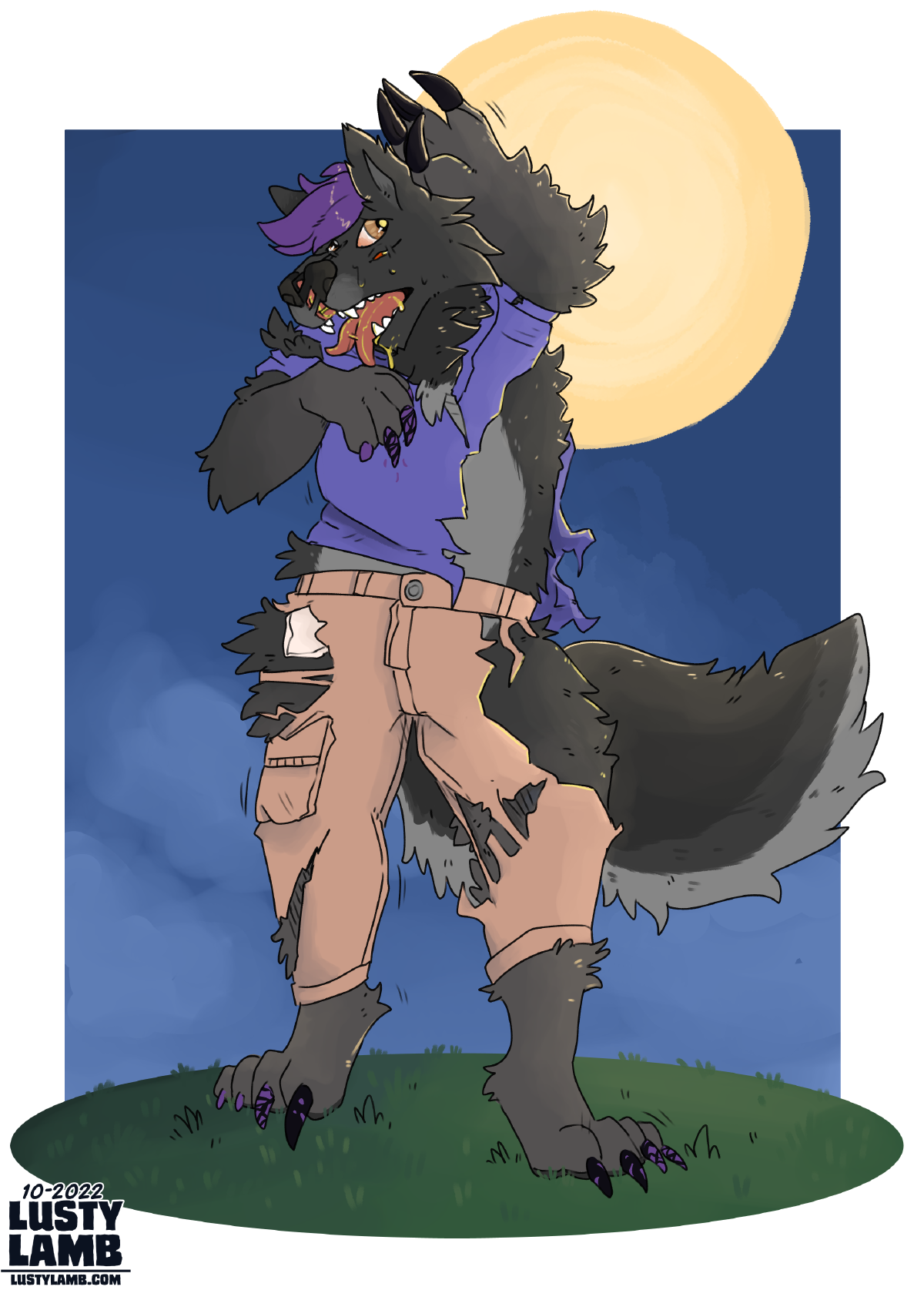 A front-on view of s0ph0s in the process of transforming into his alien werewolf form, prompted by a full moon in the background.  He's ripping out of his purple T-shirt and tan cargo pants as his maw splits and two more eyes open. Also, his purple nail polish is cracking off as his claws grow.