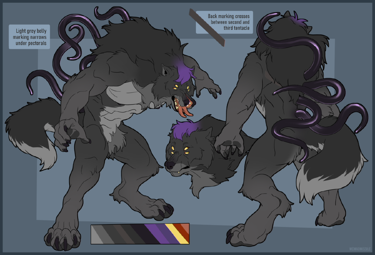 A reference sheet for an alien werewolf character.  The creature has predominantly dark gray fur, but with purple hair on the top of his head.  He has a muscular figure, but with a hunched-forward posture.  He has four eyes, one pair above the other.  His maw opens along the normal axis, but also along the vertical axis, splitting four ways.  His tongue is divided in two halves.  He has teeth along all of the edges of his maw (8 biting surfaces).  He has four latex-like tentacles sprouting from along his spine, tipped with normal, rounded ends.