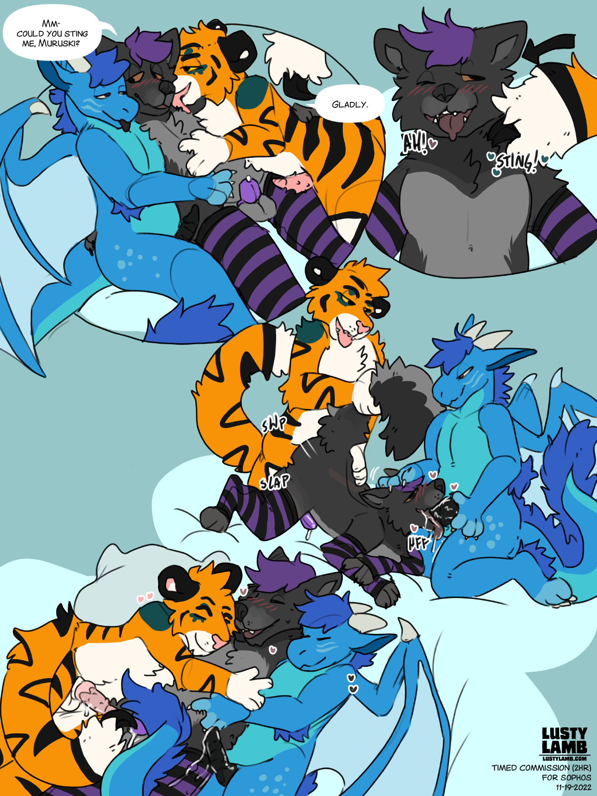 Flat-colored sketch commission with four scenes, featuring s0ph0s (wearing a purple chastity cage, along with purple and black striped stockings and arm warmers), Scaltrox (a blue and teal Western dragon), and Muruski (an orange and black tiger with dark blue-green accents).  The first scene depicts all three snuggling side-by-side.  s0ph0s asks Muruski to sting him.  The second scene shows s0ph0s' bust as Muruski's aphrodisiac tail stinger sticks into his neck.  The third scene shows s0ph0s blushing profusely and leaking as Muruski rides his ass and Scaltrox fucks his muzzle.  The fourth scene shows all three snuggling again, but this time with dripping erections, and with Scaltrox's and Muruski's tails curled over s0ph0s.