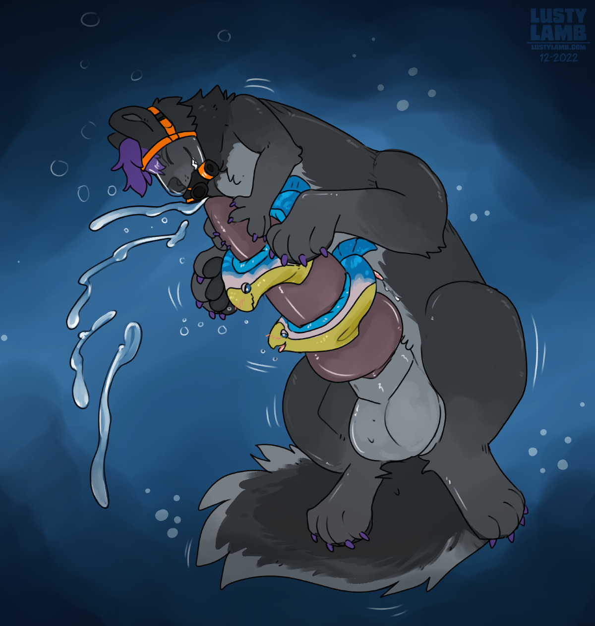 Flat-colored sketch commission showing s0ph0s' taur form floating underwater, curled forward and wearing an orange SCUBA respirator.  His hyper erection reaches up to his chin and spears two Titan Holefish from Subnautica, with huge shots of cum floating in the water in front of him.  Both fish are blushing, and the lower of the two has a tiny erection.