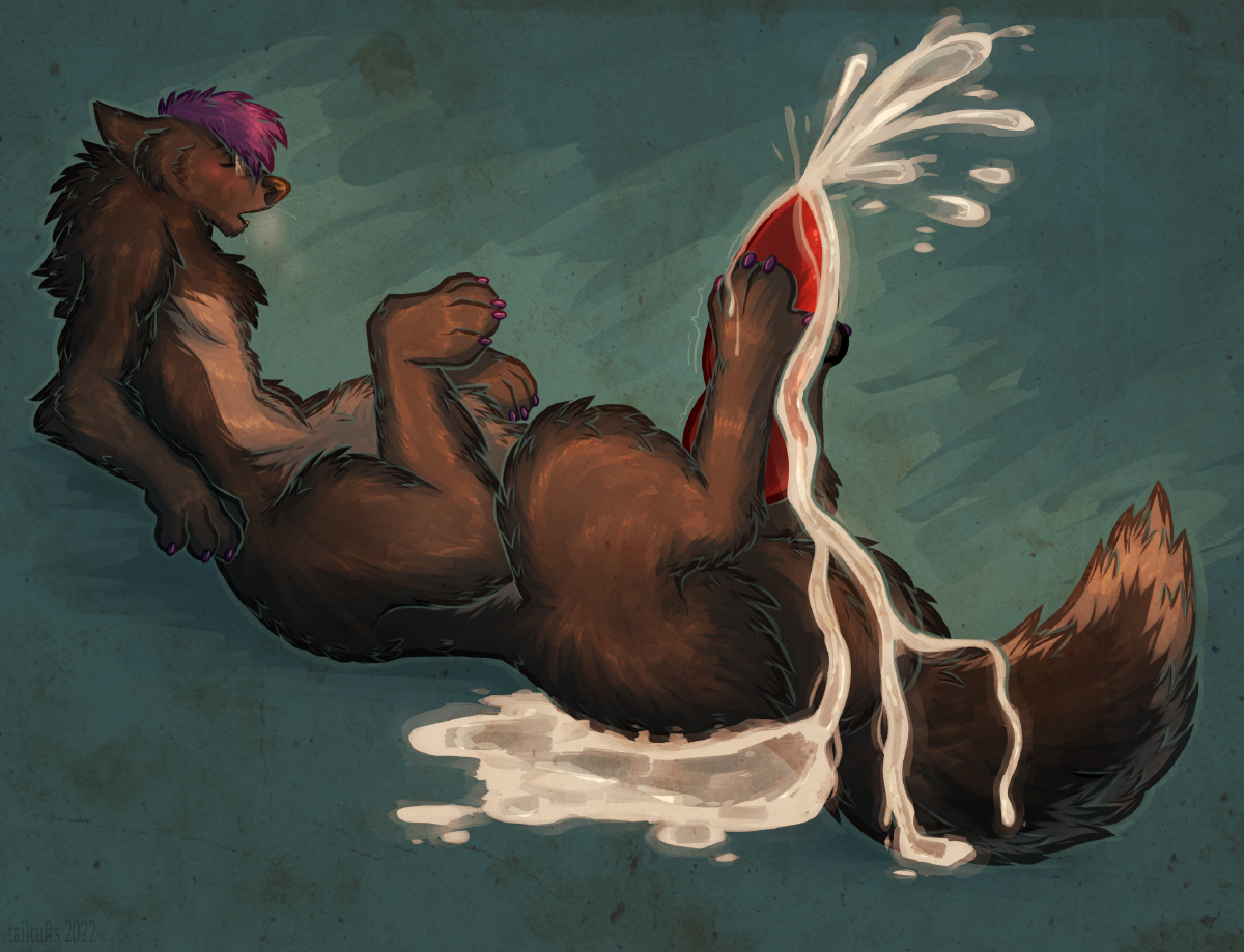 A side view of taur s0ph0s laying on his back, panting while stroking his gigantic knotted cock with his hindpaws. He is ejaculating, with a spray arcing from his tip, and a huge trail running down the underside of his shaft, across his tail, and pooling under his hindquarters.